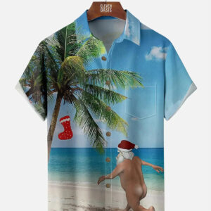 Tall Men's Naked Santa Running on the Beach to a Christmas Stocking Palm Tree Short Sleeve Shirt