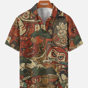Tall Men's Japanese Folk Motifs Spread Collar Short Sleeve Shirt