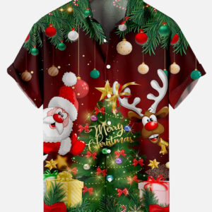 Men's Merry Christmas Tree and Cartoon Reindeer Short Sleeve Shirt